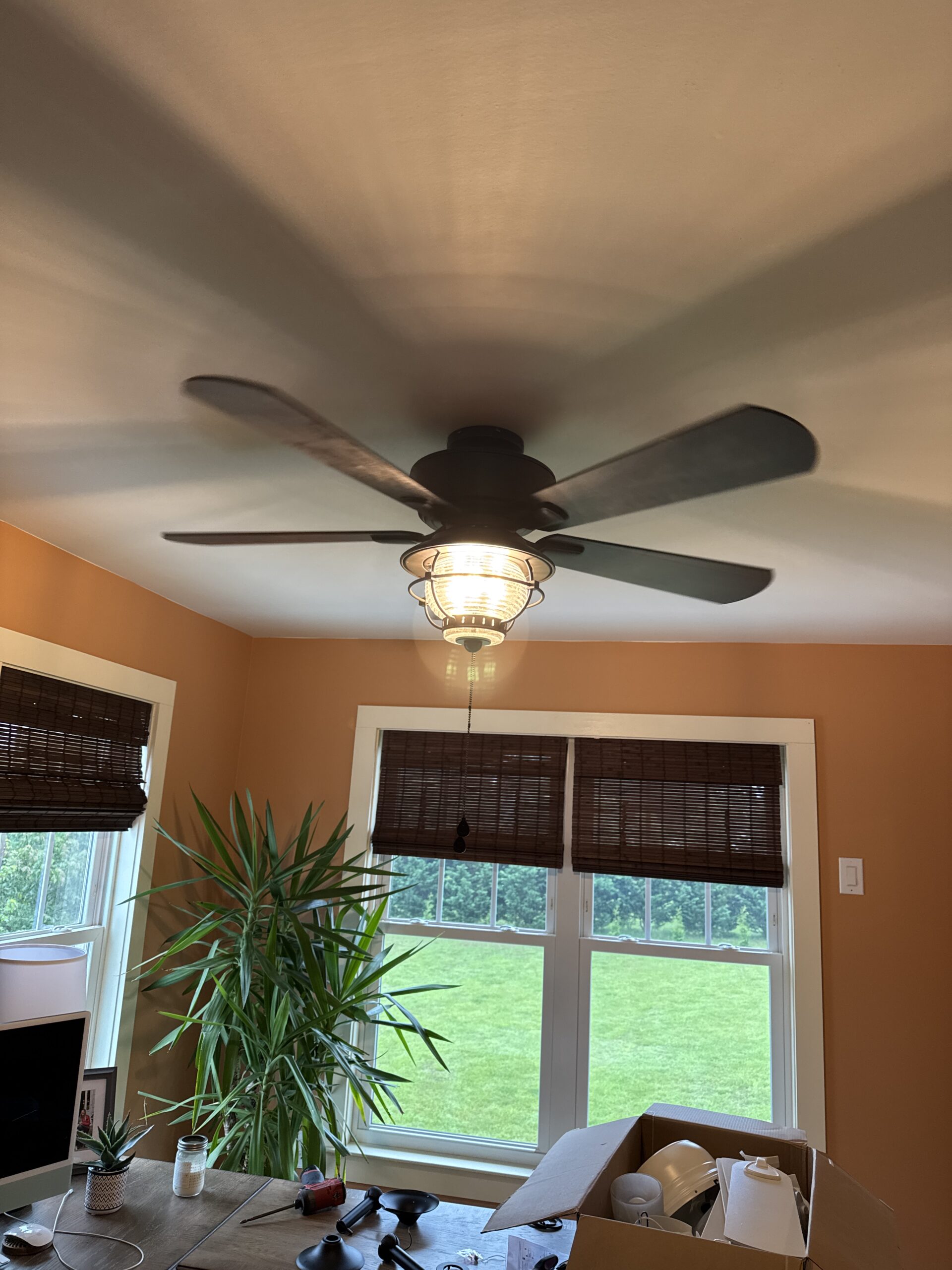 A ceiling fan with a light fixture is turned on in a room with orange walls, large windows, a plant, and unpacked items on a table.
